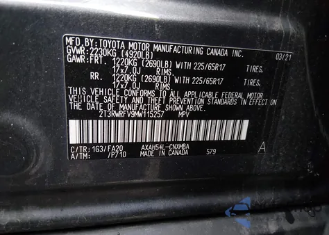 2021 Toyota Rav4 Hybrid Xle из США, поврежденный, VIN 2T3RWRFV9MW115257